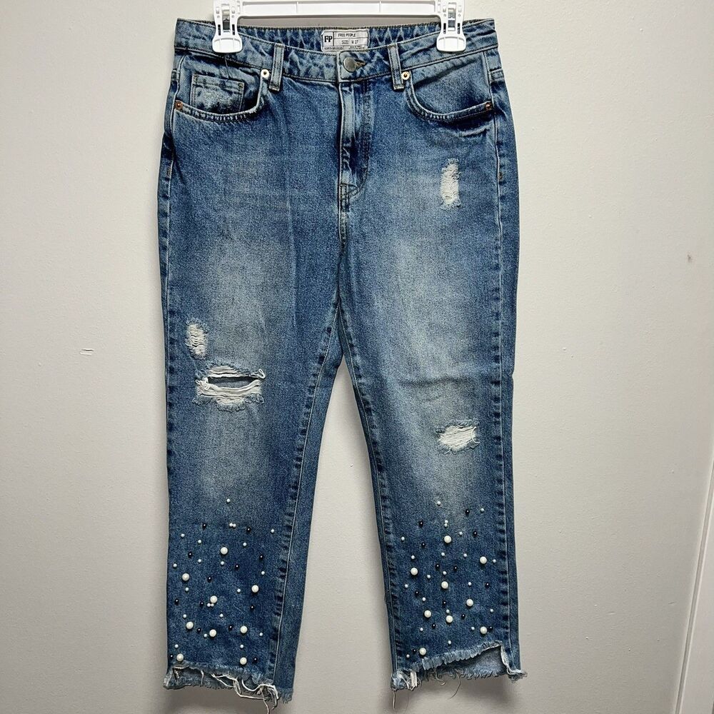 Free People Jeans Women's Siz 27Straight Leg Crop Raw Hem Distressed Bejeweled
